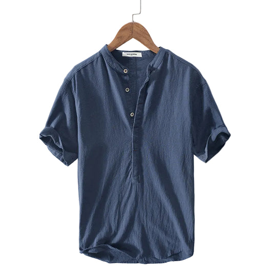Emory Men’s Short Sleeve Linen Shirt with Stand-Up Collar