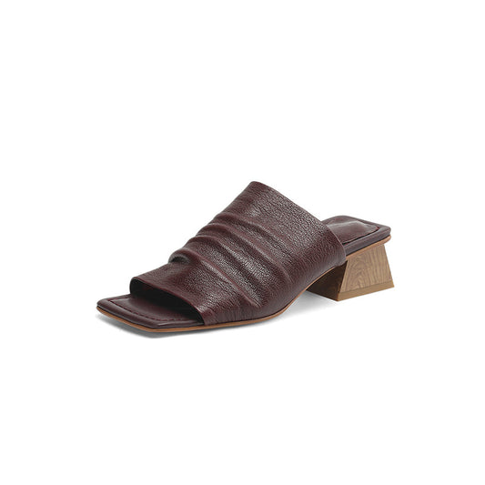 Leather Block Heel Slip-On Sandals