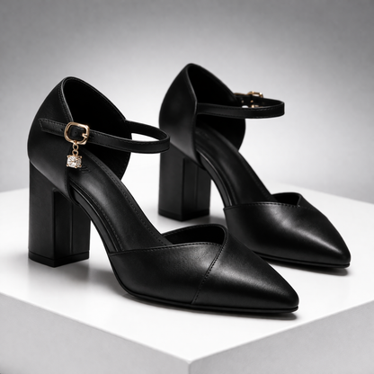 Pointed-Toe Leather Block Heel Pumps