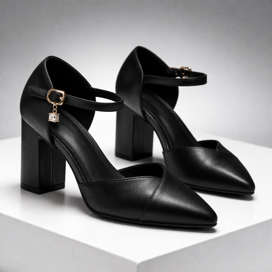 Pointed-Toe Leather Block Heel Pumps